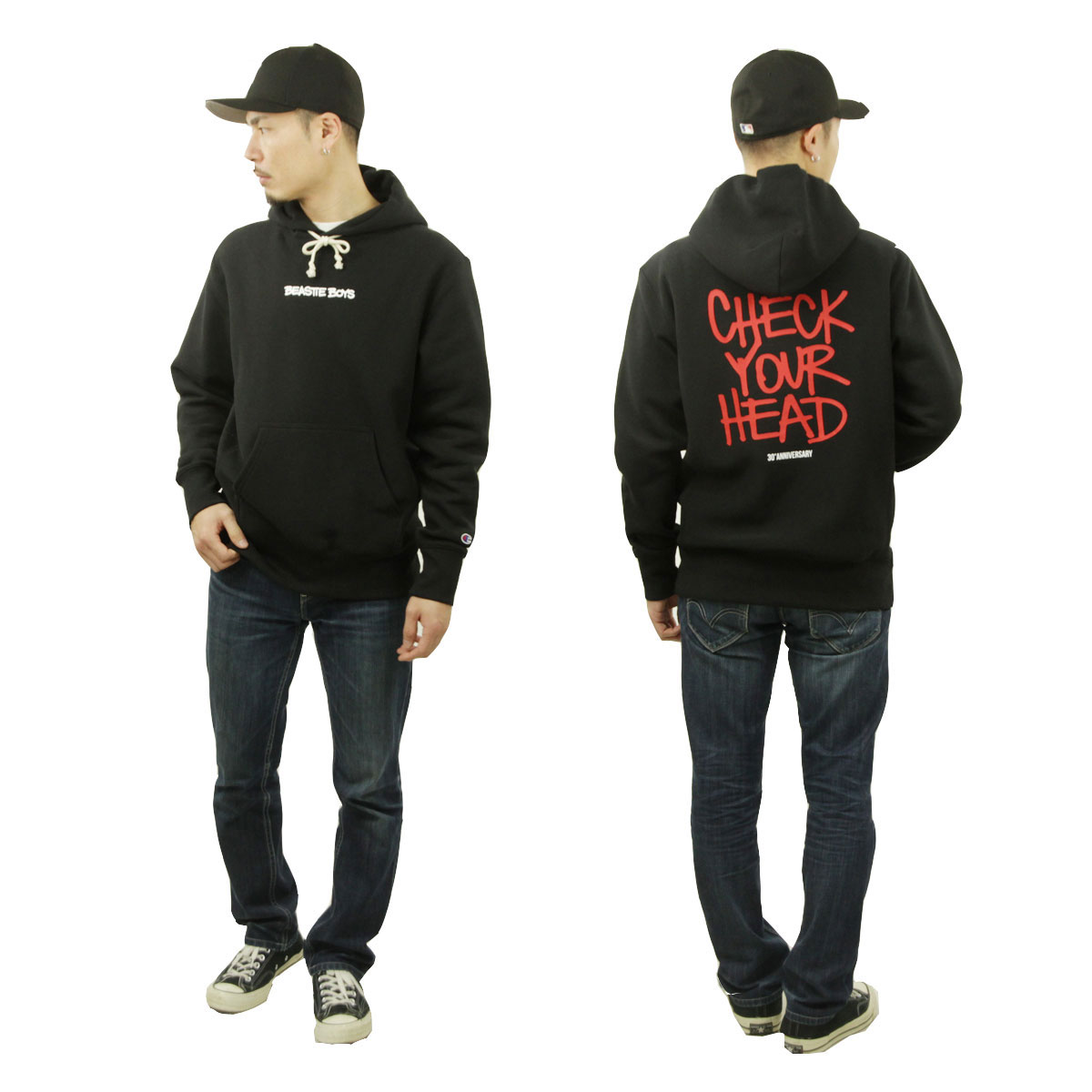 �����ԥ��� ��� �ѡ����� ������ CHAMPION �ӡ����ƥ����ܡ����� �ץ륪���С� �ա��ǥ��� CHAMPION X BEASTIE BOYS TCV REVERSE WEAVE SOFT FLEECE "CHECK YOUR HEAD" HOODED SWEATSHIRT 219279 KK001 NBK BLACK