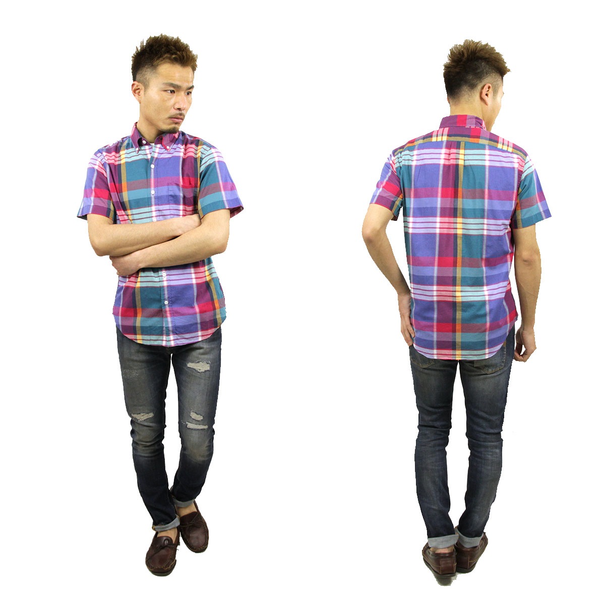 ���������롼 ����� ��� ������ J.CREW Ⱦµ�����  INDIAN COTTON SHORT-SLEEVE SHIRT IN SUNSET PLAID A38B B1C C1D D6E E07F