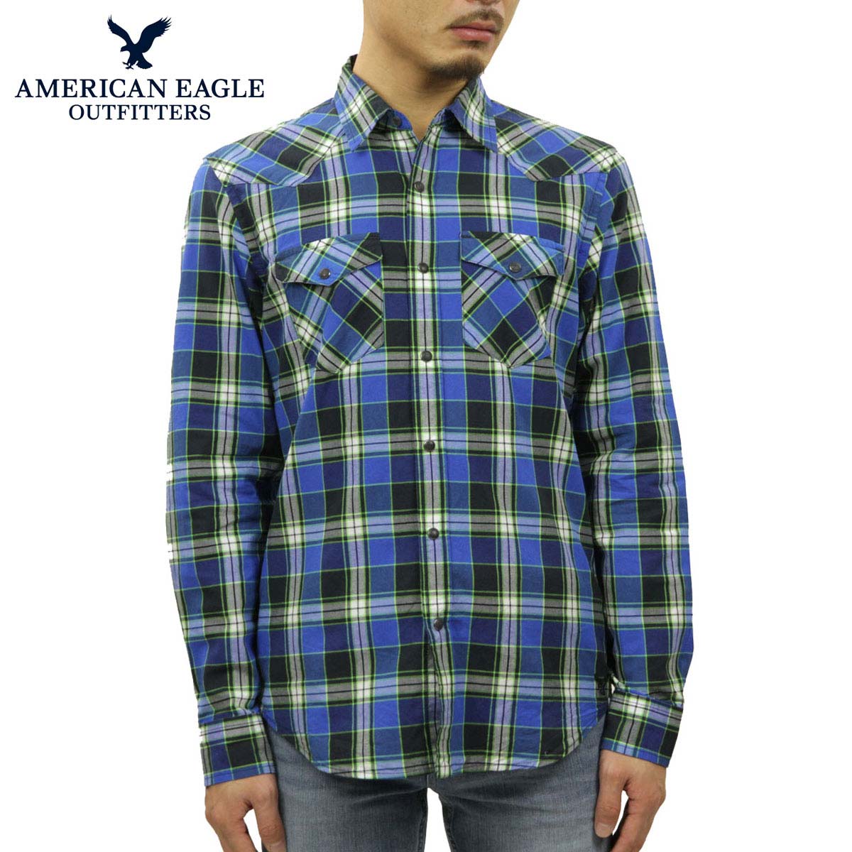 ����ꥫ�󥤡����� AMERICAN EAGLE ������ ��� ���������󥷥�� AE Plaid Western Shirt 8151-8547 BLUE A04B B1C C1D D6E E07F