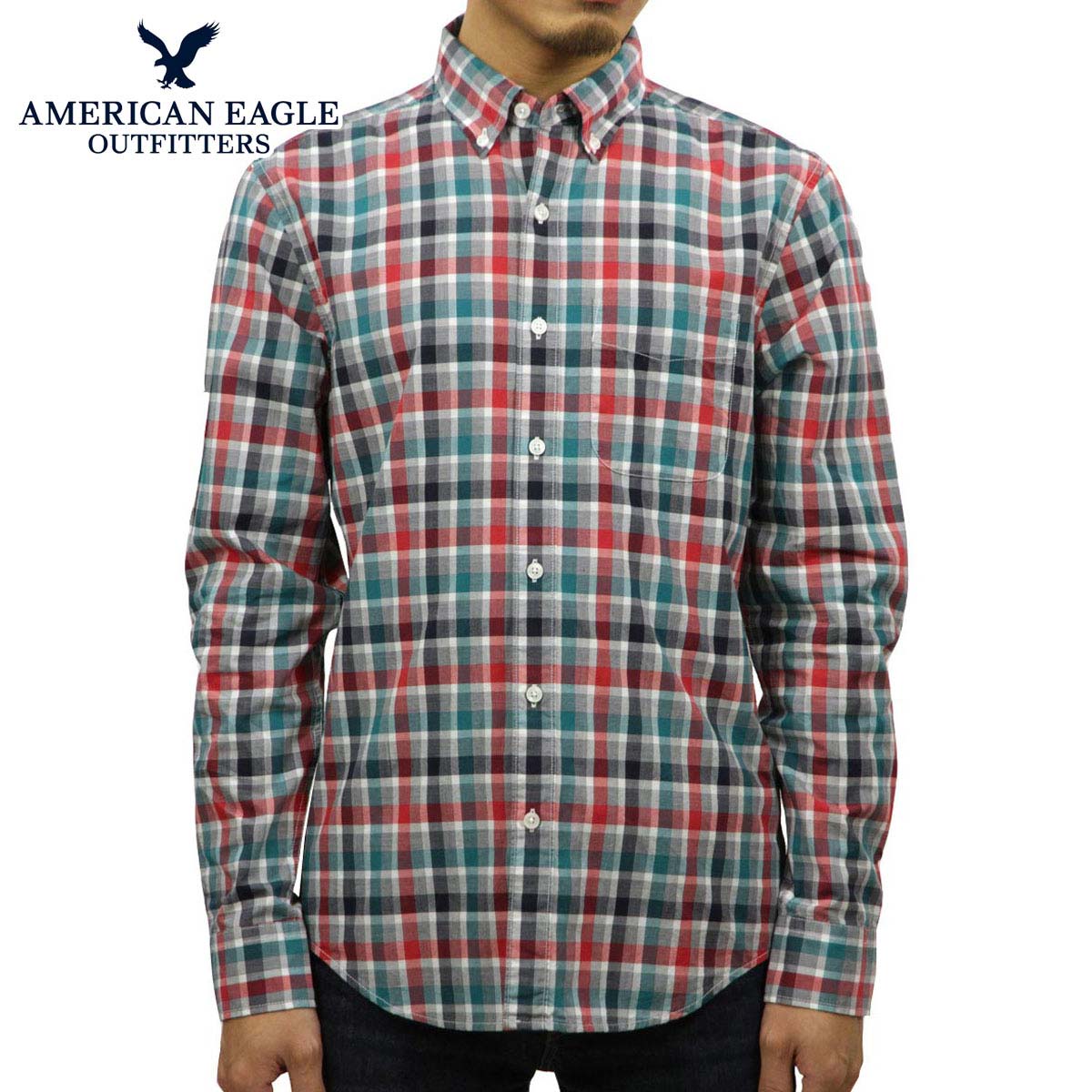 ����ꥫ�󥤡����� AMERICAN EAGLE ������ ��� Ĺµ �ܥ�������󥷥�� AE PLAID POPLIN BUTTON-DOWN SHIRT 0153-1272-900 A04B B1C C1D D6E E11F
