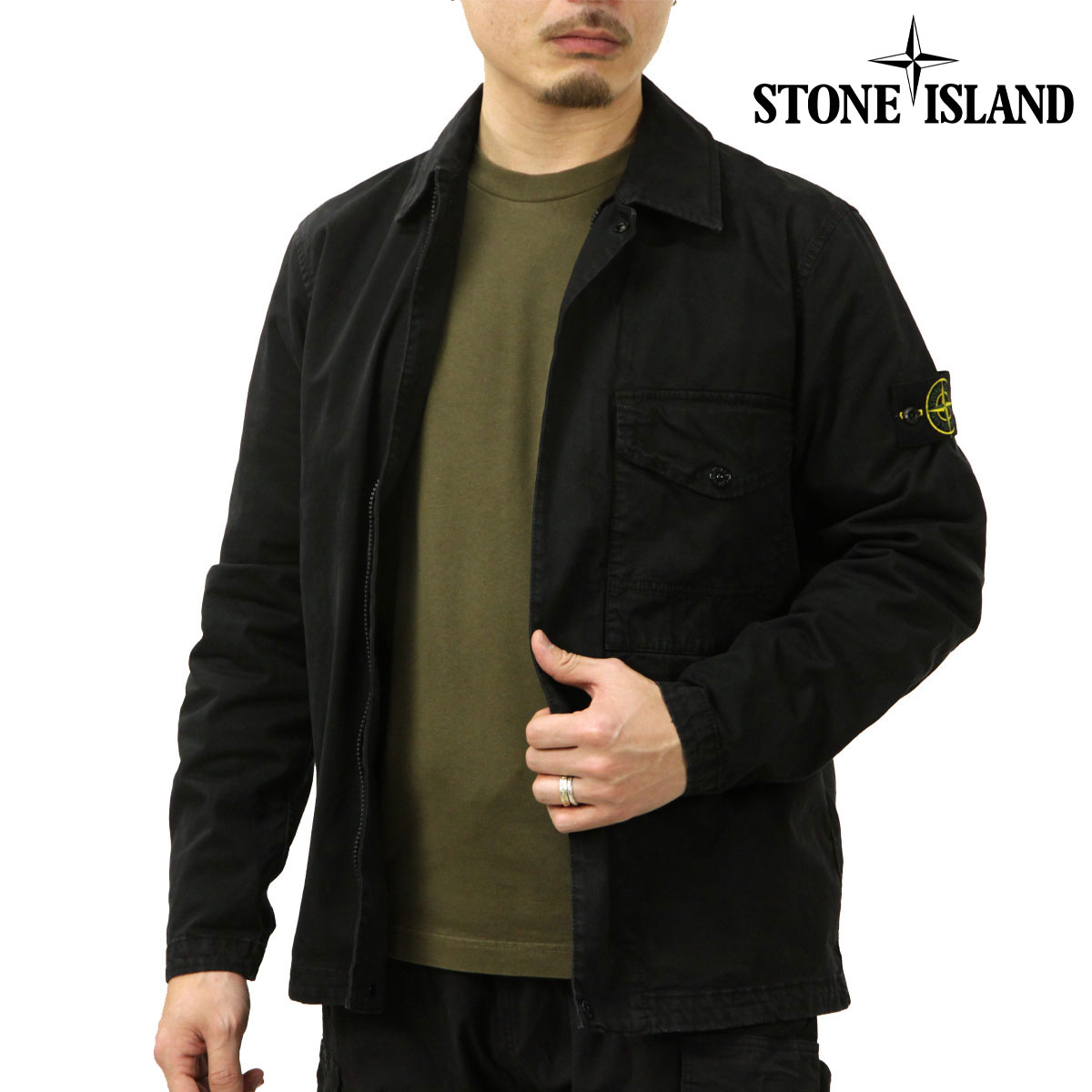 ���ȡ��󥢥����� ��� ����ĥ��㥱�å� ������ STONE ISLAND ���åץ��å� ���åȥ� �������� ORGANIC COTTON STRETCH BROKEN TWILL 'OLD' EFFECT REGULAR OVERSHIRT BLACK 1200001 S0004 V0129