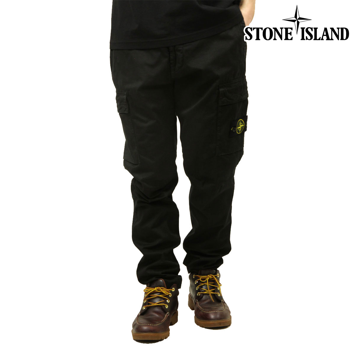 ���ȡ��󥢥����� ��� �ȥ饦�����ѥ�� ������ STONE ISLAND ���åȥ� �������ѥ�� ORGANIC COTTON STRETCH BROKEN TWILL GARMENT DYED 'OLD' EFFECT CARGO TROUSER PANTS BLACK 3100051 S0004 V0129