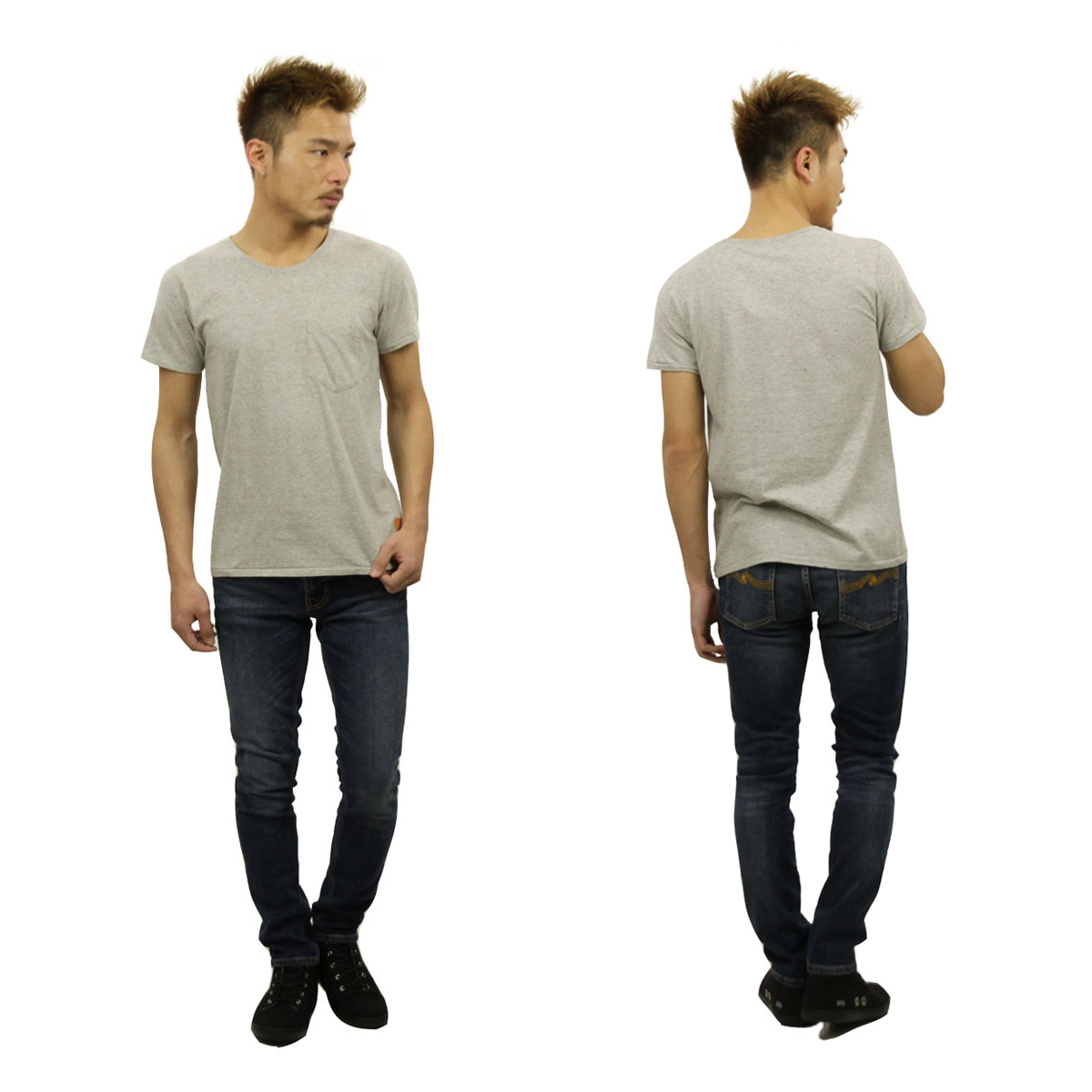 ̡ǥ T Ź Nudie Jeans ȾµT  Round Neck Org. Pocket Tee Grey melange B04 131244 4001