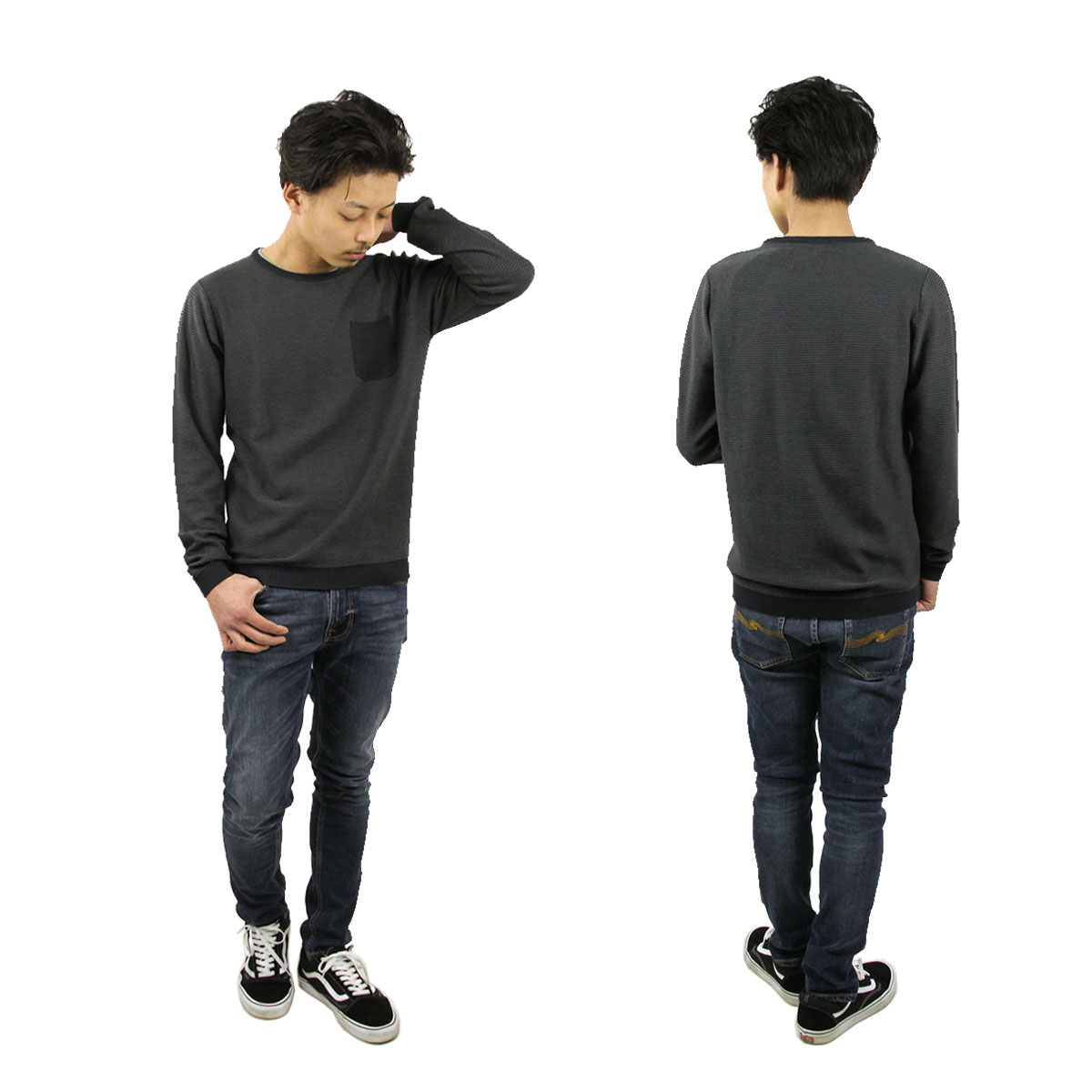 �Ρ��������� ����T ��� ��������Ź NO EXCESS ĹµT����� PULLOVER R-NECK STRIPES KNIT 230823 23 dk grey D15S25