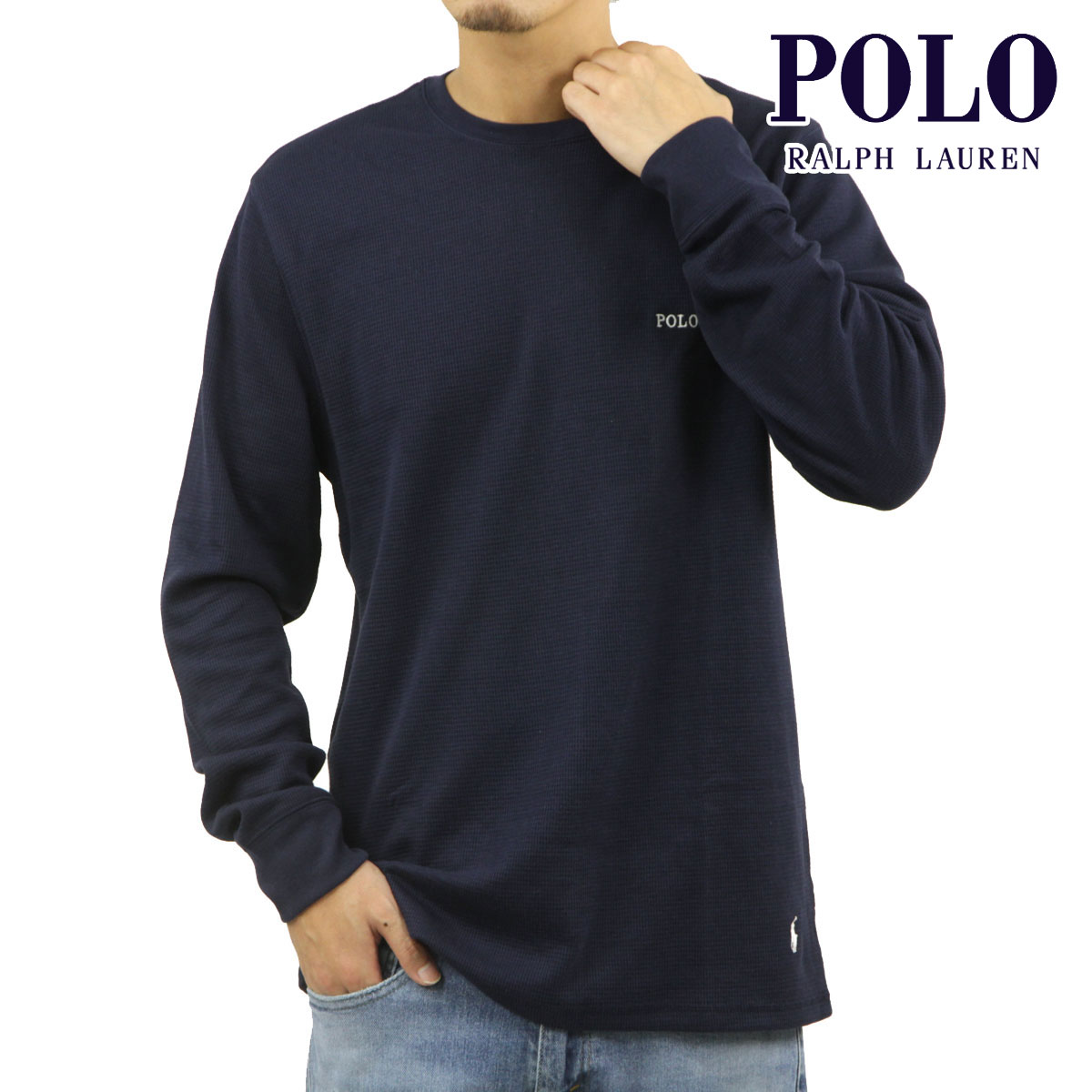ݥ ե  ĹµT  POLO RALPH LAUREN ޥT åե T FOLDED WAFFLE LONG SLEEVE CREE TEE T-SHIRT PWLC2 CRUISE NAVY / WHITE LOGO