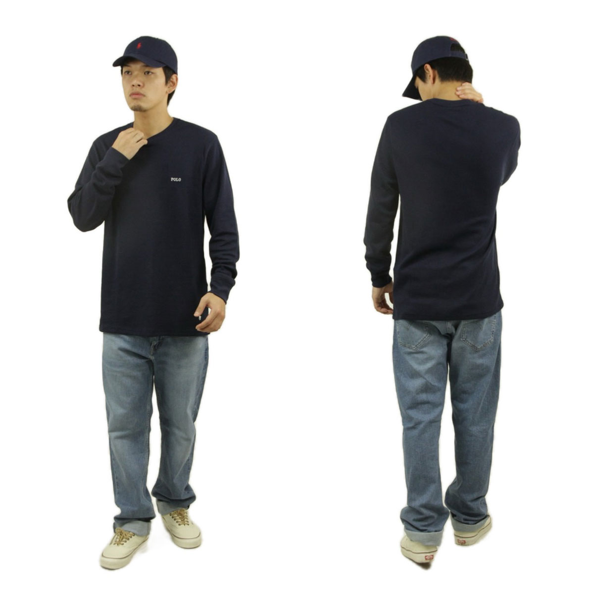 ݥ ե  ĹµT  POLO RALPH LAUREN ޥT åե T FOLDED WAFFLE LONG SLEEVE CREE TEE T-SHIRT PWLC2 CRUISE NAVY / WHITE LOGO
