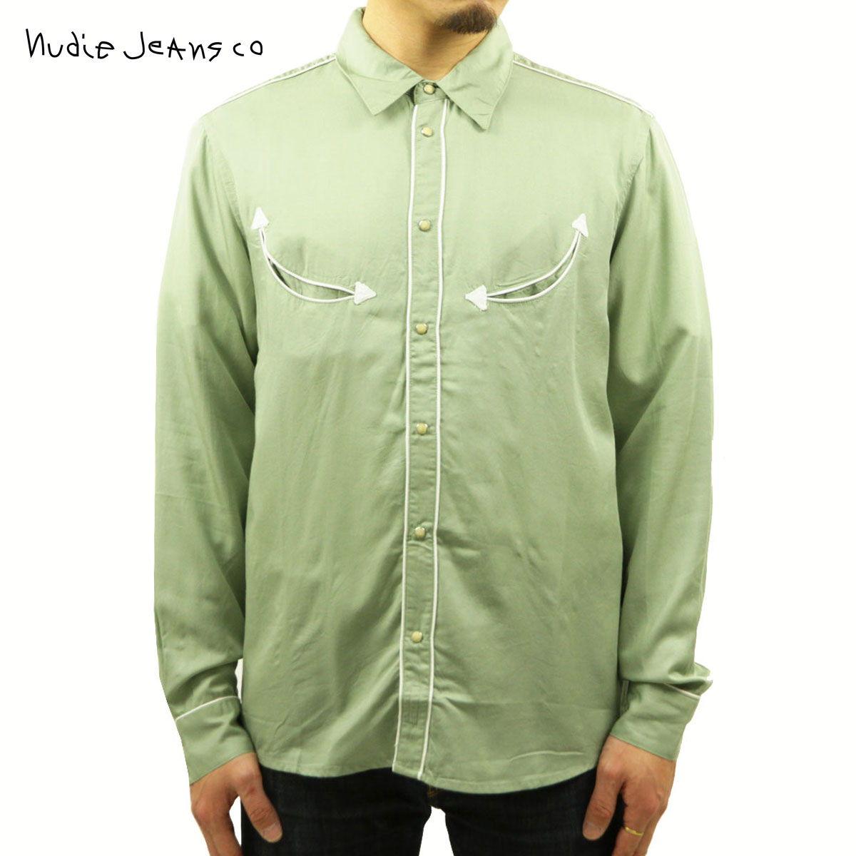 ̡ǥ 󥷥  Ź Nudie Jeans Ĺµ ܥ 奢륷 STELLAN WESTERN SHIRT 140634 G41 PALE GREEN A62B B1C C1D D6E E08F