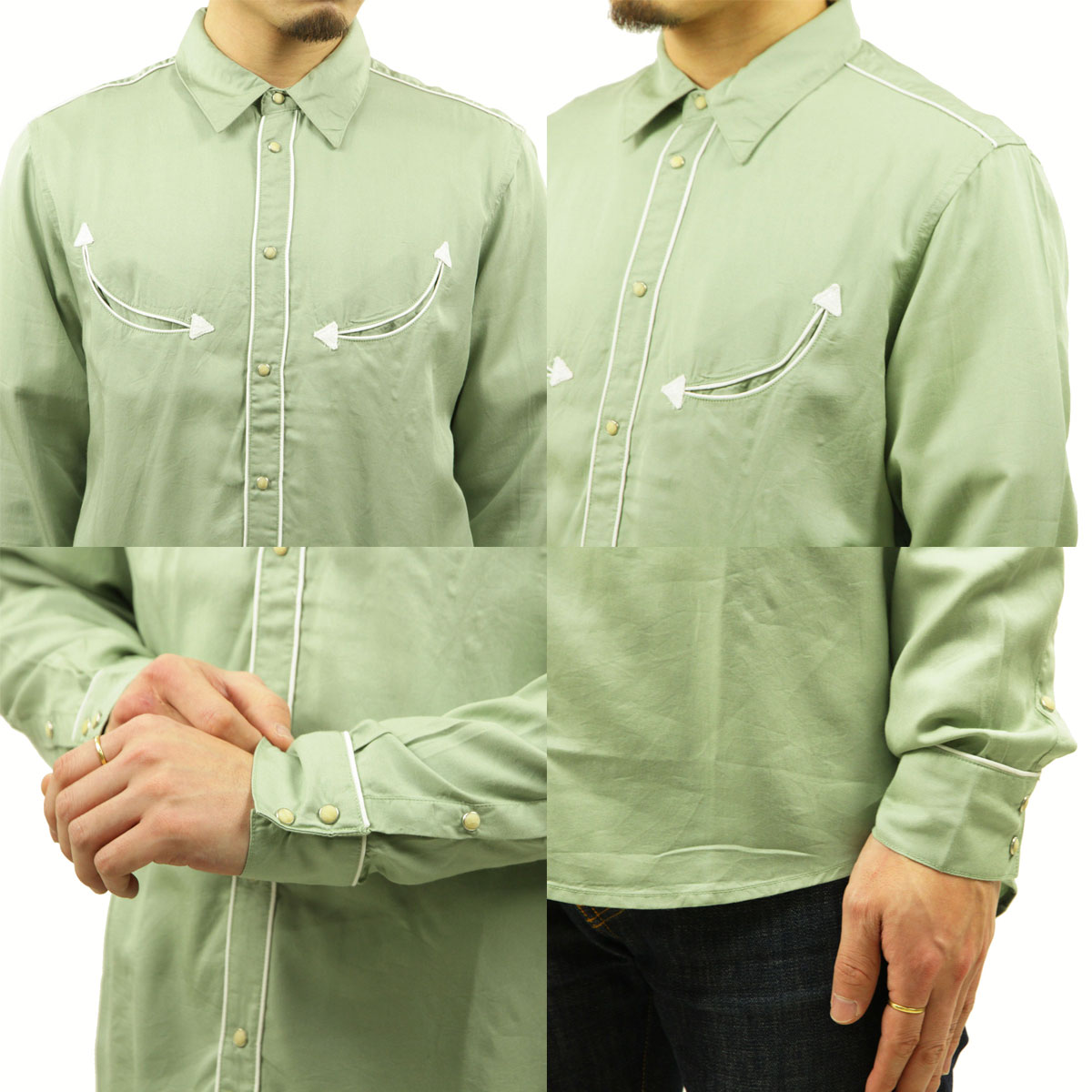 ̡ǥ 󥷥  Ź Nudie Jeans Ĺµ ܥ 奢륷 STELLAN WESTERN SHIRT 140634 G41 PALE GREEN A62B B1C C1D D6E E08F