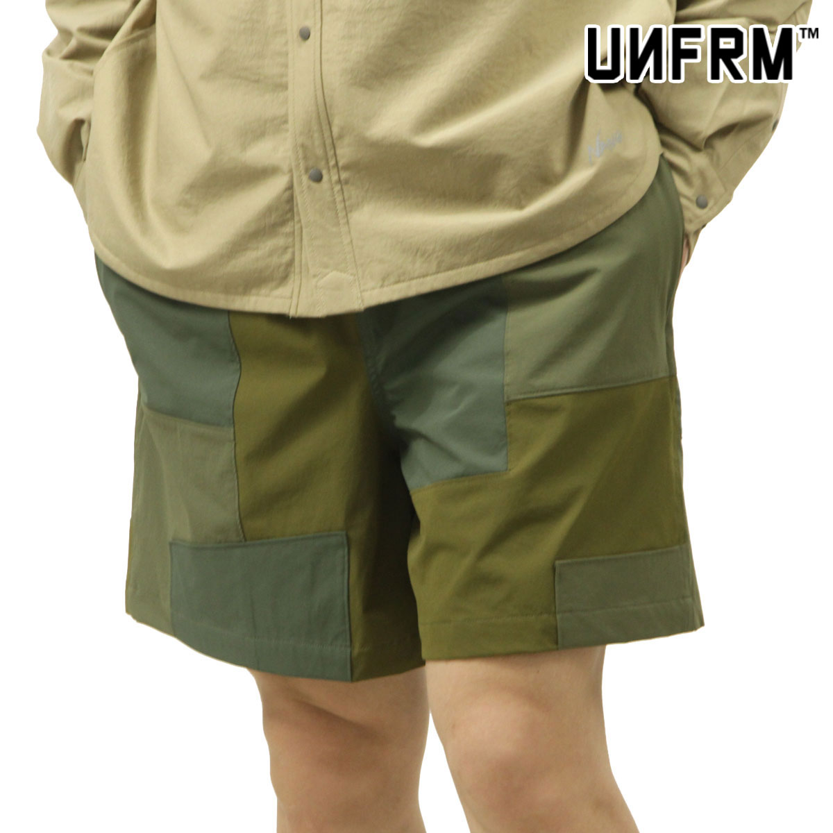 ��˥ե����� �����ȥɥ� ����������� ��� ���硼�ȥѥ�� ��������Ź UNFRM OUTDOOR STANDARD �ѥå���� �Х����ѥ�� 2WAY STRETCH PATCHWORK BAGGY SHORT PANTS 7696-OP OLIVE PATCHWORK