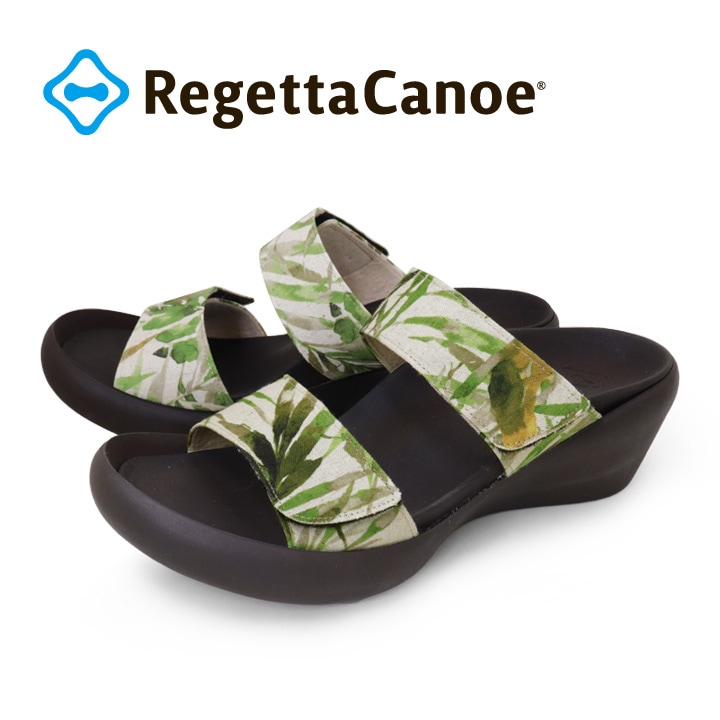 ★限定セール★ リゲッタカヌー RegettaCanoe CJLW-5540 ボタニカル柄 総柄 ローウェッジヒール 2本ベルト サンダル レディース つっかけ 歩きやすい 履きやすい 疲れにくい