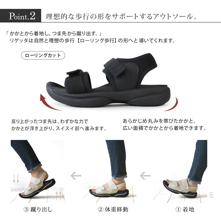 リゲッタ　Re:getA  re-3100 スポーツサンダル メンズ 軽量 ベルクロ  履きやすい 歩きやすい 痛くなりにくい