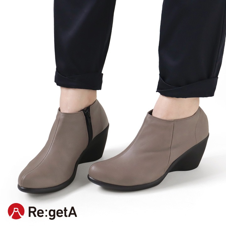 Re:getAリゲッタ R-1978 サイドファスナー ウェッジヒール アンクル丈 ブーティ シンプル 7cmヒール 履きやすい 歩きやすい 痛くない