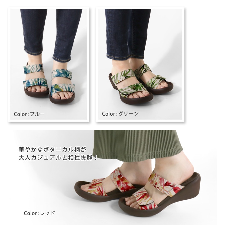 リゲッタカヌー RegettaCanoe CJLW-5540 ボタニカル柄 総柄 ローウェッジヒール 2本ベルト サンダル レディース つっかけ 歩きやすい 履きやすい 疲れにくい