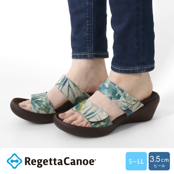 リゲッタカヌー RegettaCanoe CJLW-5540 ボタニカル柄 総柄 ローウェッジヒール 2本ベルト サンダル レディース つっかけ 歩きやすい 履きやすい 疲れにくい