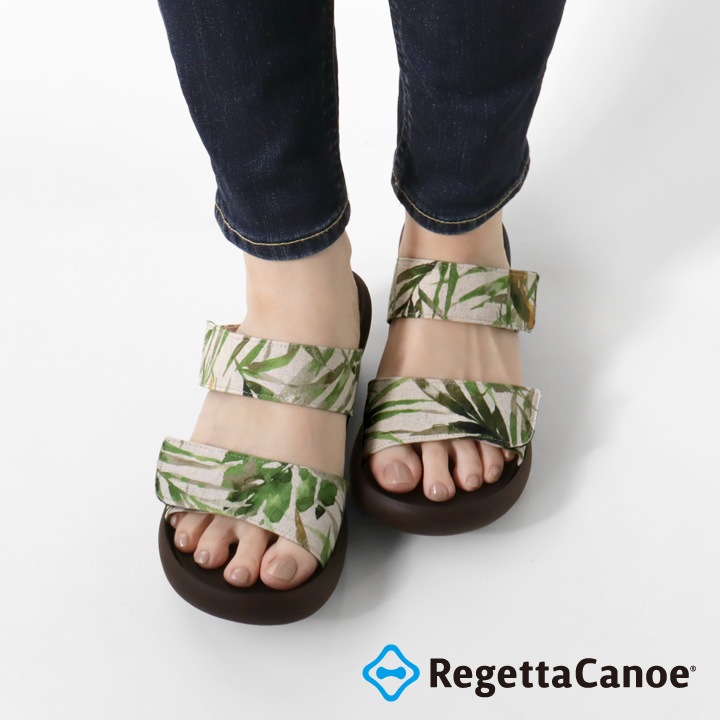 リゲッタカヌー RegettaCanoe CJLW-5540 ボタニカル柄 総柄 ローウェッジヒール 2本ベルト サンダル レディース つっかけ 歩きやすい 履きやすい 疲れにくい