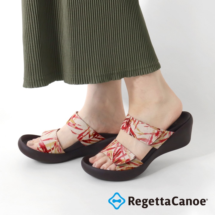 リゲッタカヌー RegettaCanoe CJLW-5540 ボタニカル柄 総柄 ローウェッジヒール 2本ベルト サンダル レディース つっかけ 歩きやすい 履きやすい 疲れにくい