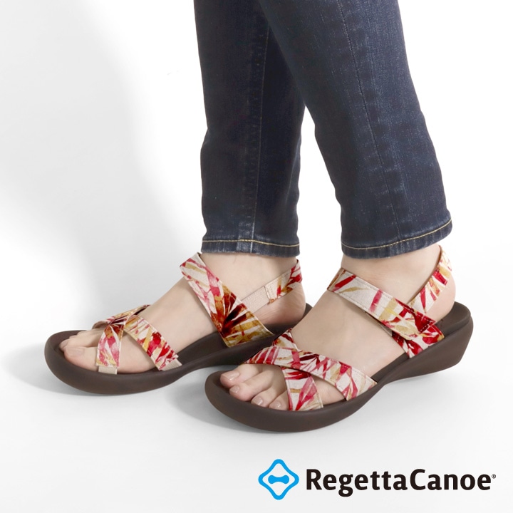 リゲッタカヌー RegettaCanoe CJFW-3520 ボタニカル柄 総柄 フラットウェッジヒール クロスベルトサンダル レディース バックベルト 歩きやすい 履きやすい 疲れにくい