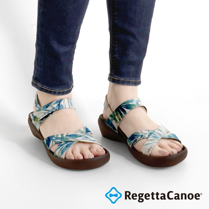 リゲッタカヌー RegettaCanoe CJFW-3520 ボタニカル柄 総柄 フラットウェッジヒール クロスベルトサンダル レディース バックベルト 歩きやすい 履きやすい 疲れにくい