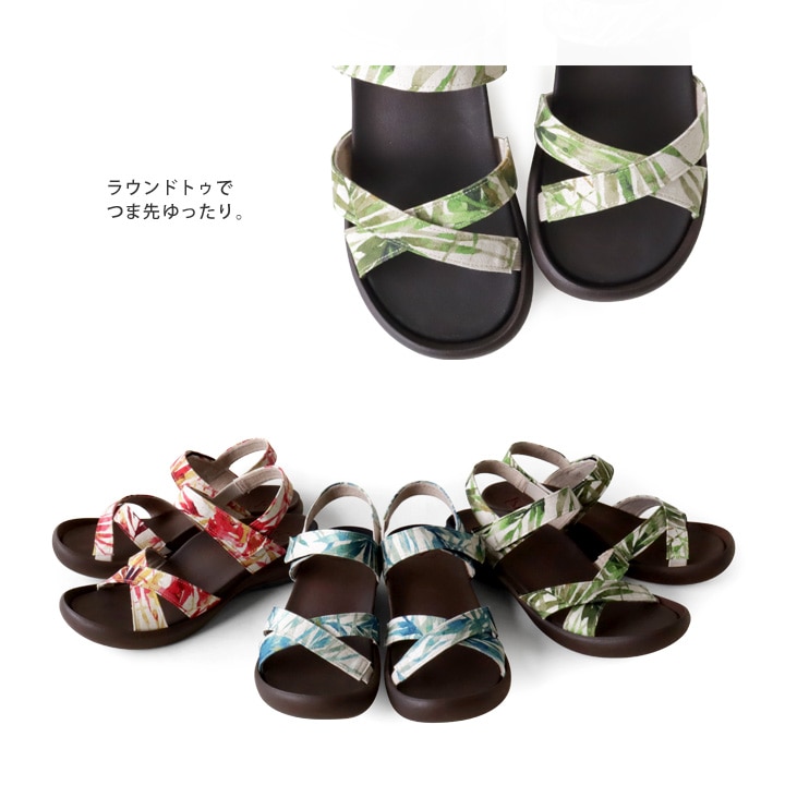 リゲッタカヌー RegettaCanoe CJFW-3520 ボタニカル柄 総柄 フラットウェッジヒール クロスベルトサンダル レディース バックベルト 歩きやすい 履きやすい 疲れにくい