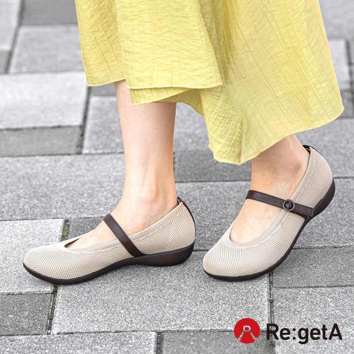 リゲッタ Re:getA R-2363 ニットパンプス ローヒール ストラップ シューズ ぺたんこ 履きやすい 歩きやすい 新生活 母の日 バレエシューズ