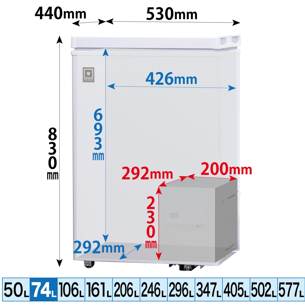 ��ޥ��� �������� ���ॹ�ȥå��� �ե꡼���֥� ���� 74L RCY-74DW - ��̳������� - ��������530��440��830(mm) - ��ǽ�����������ϰϡ����ࡦ����ɡ���¢�� -25���+10��ˡ���®���ൡǽ�դ���LED�������������� �Υ�ե���