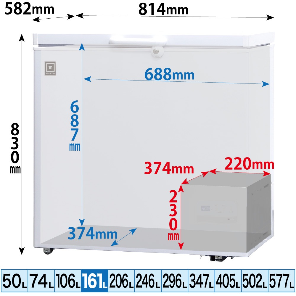 ��ޥ��� �������� ���ॹ�ȥå��� �ե꡼���֥� 161L RCY-161DW - ��̳������� - ��������814��582��830(mm) - ��ǽ�����������ϰϡ����ࡦ����ɡ���¢�� -25���+10��ˡ���®���ൡǽ�դ���LED�������������� �Υ�ե���