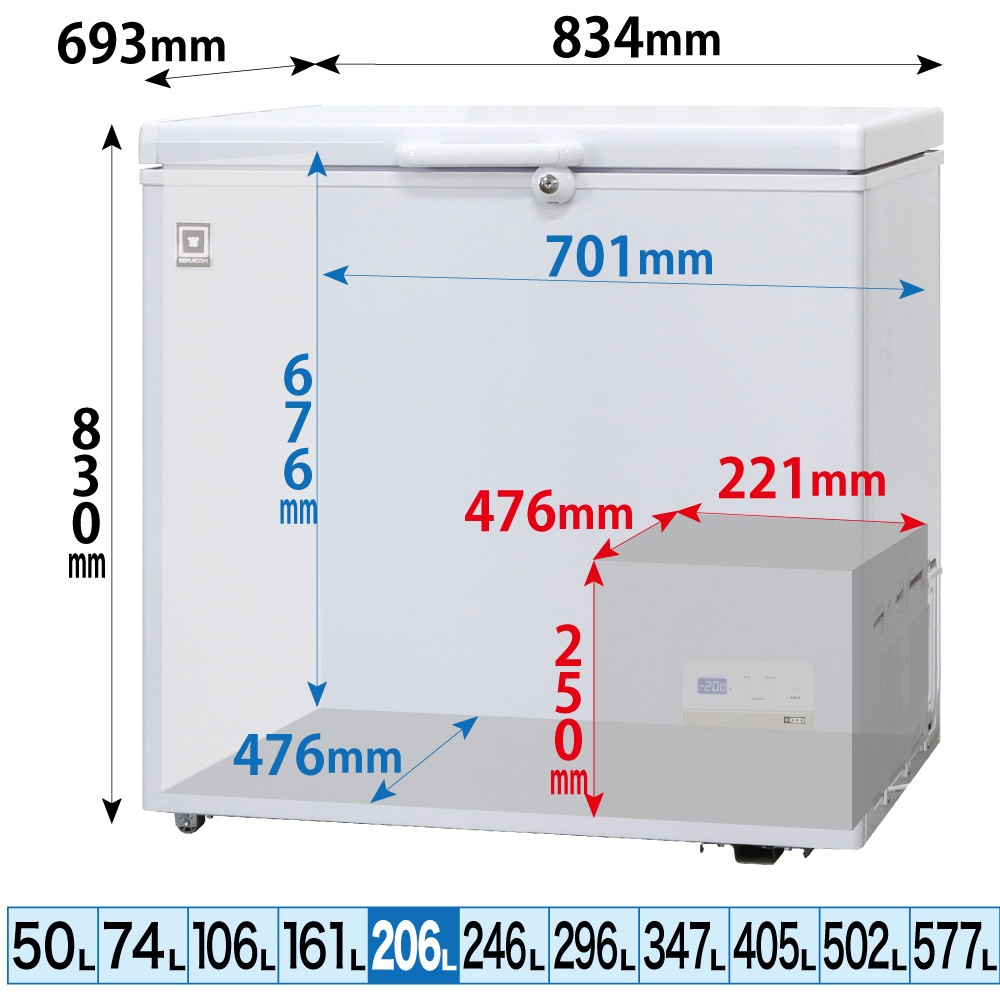 ��ޥ��� �������� ���ॹ�ȥå��� �ե꡼���֥� 206L RCY-206DW - ��̳������� - ��������834��693��830(mm) - ��ǽ�����������ϰϡ����ࡦ����ɡ���¢�� -25���+10��ˡ���®���ൡǽ�դ���LED�������������� �Υ�ե���