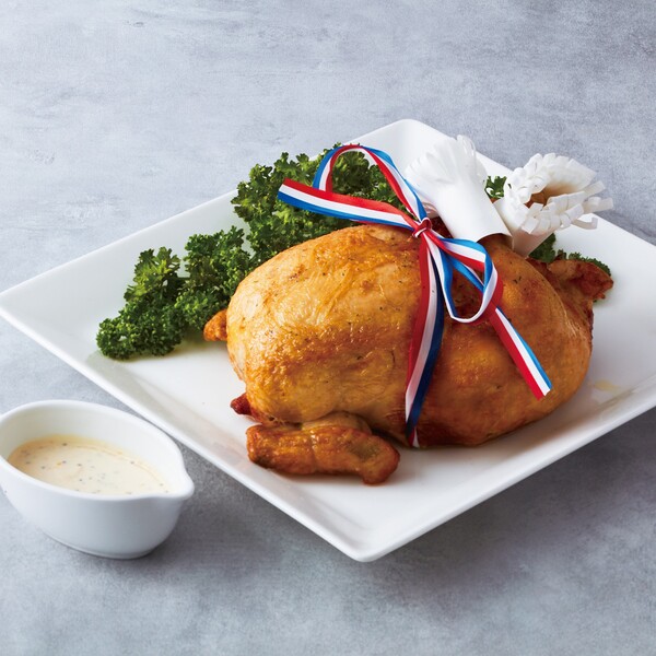 ローストチキン フォアグラとポリチーニリゾット詰め～粒マスタードクリームソース添え～