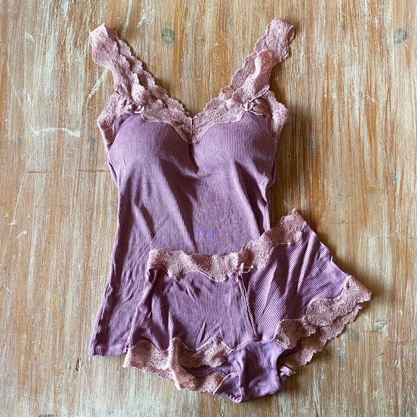 絹糸紡 シルク キャミソール「テレコリブ×レース」 草木染め 8葵【ネコポス不可】