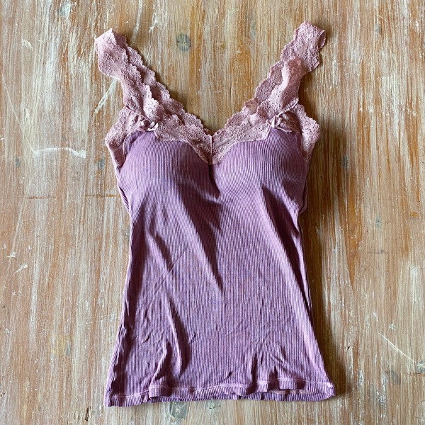 絹糸紡 シルク キャミソール「テレコリブ×レース」 草木染め 8葵【ネコポス不可】