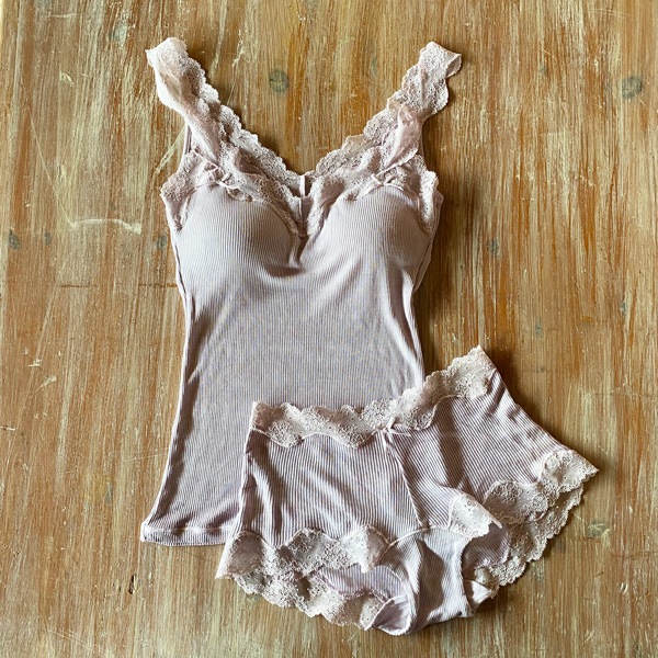 絹糸紡 シルク キャミソール「テレコリブ×レース」 草木染め 9紫苑