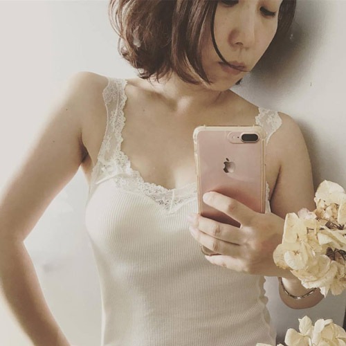 絹糸紡　シルク キャミソール「テレコリブ×レース」　草木染め　29空色鼠（そらいろねず）【ネコポス不可】