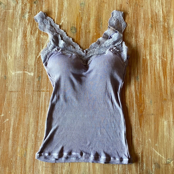 絹糸紡　シルク キャミソール「テレコリブ×レース」　草木染め　29空色鼠（そらいろねず）【ネコポス不可】