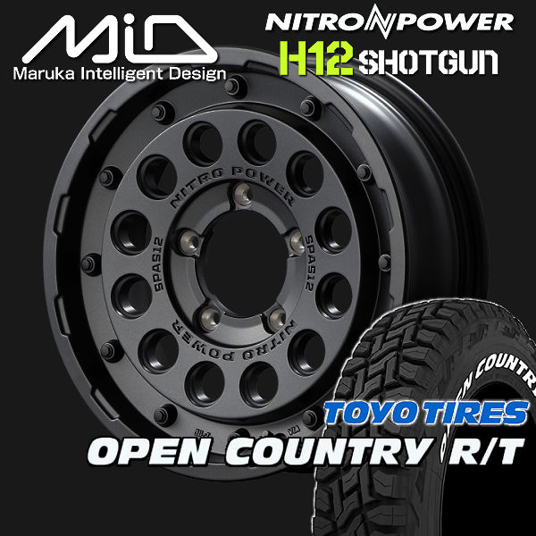 送料無料 ジムニー MID ナイトロパワー H12 SHOTGUN バレルブラック 215/65R16 TOYO オープンカントリーRT ホワイトレター