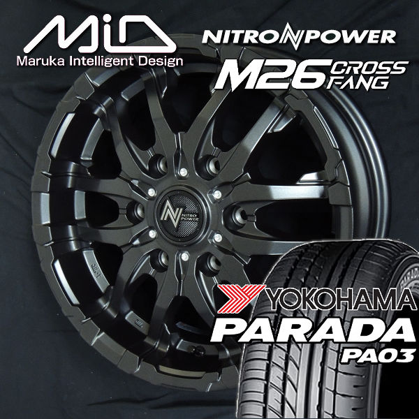 ２００系ハイエース 送料無料 ナイトロパワー M26 CROSS FANG バレルブラック/ドリルド 215/60R17 109/107S ヨコハマ パラダPA03 ホワイトレター