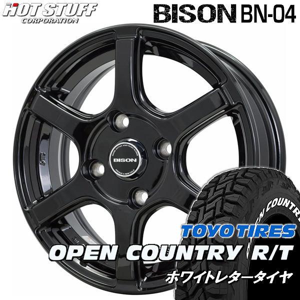 送料無料　プロボックス サクシードバン バイソン BN-04（4H PCD100） メタリックブラック 165/80R14 97/95N TOYO オープンカントリーR/T ホワイトレター タイヤ
