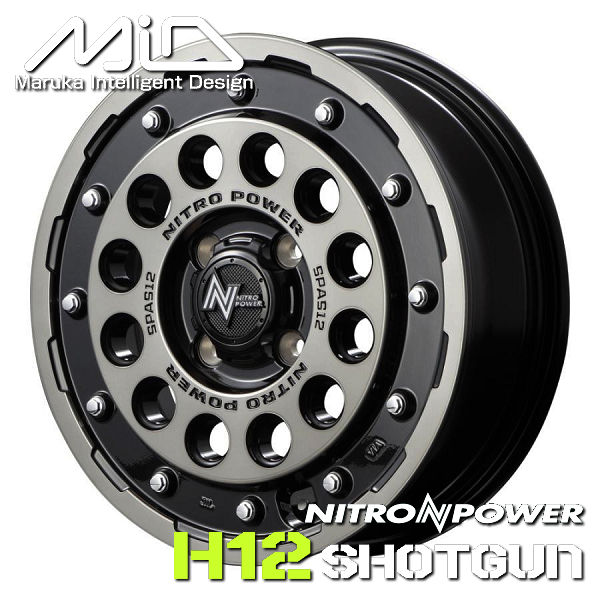 送料無料 新品 軽自動車全般 などに MID ナイトロパワー H12 SHOTGUN ブラッククリア/マシニング 14インチ 4.5J +45 4H PCD100 新品アルミホイール4本セット