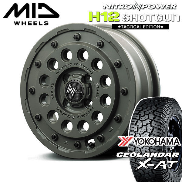 送料無料 ハスラー デリカミニ キャスト など MID ナイトロパワー H12 SHOTGUN Tactical Edition セミグロスODグリーン 165/60R15 ヨコハマ ジオランダー X-AT G016
