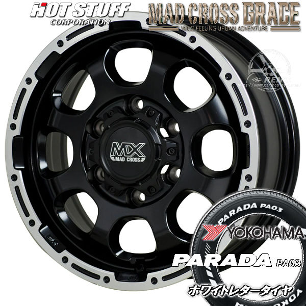 送料無料 200系ハイエース マッドクロス グレイス セミグロスブラックリムポリッシュ 215/65R16 109/107S 荷重対応タイヤ ヨコハマ パラダ PA03 ホワイトレター