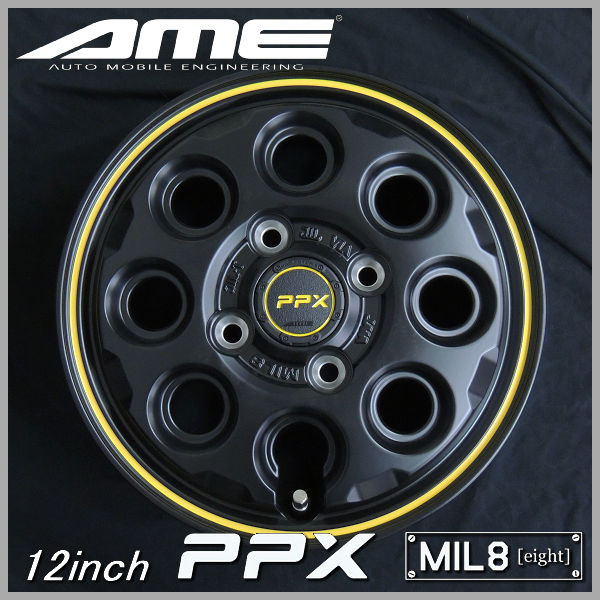 送料無料 軽トラック ハイゼット キャリー N-VAN等 PPX MIL:8 セミグロスブラックイエローライン 145R12C 80/78N A/T オールテレーン ホワイトレター タイヤ 荷重対応 タイヤセット