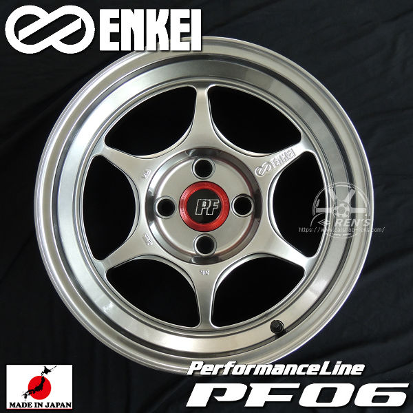 送料無料 ENKEI PerformanceLine PF06 エンケイ パフォーマンスラインPF06 ハイパーシルバー 15inch 8.0J +25 R:FACE 4H PCD100-4H 国産 軽量ホイール 4本セット 1本あたりの重量 7.0Kg~