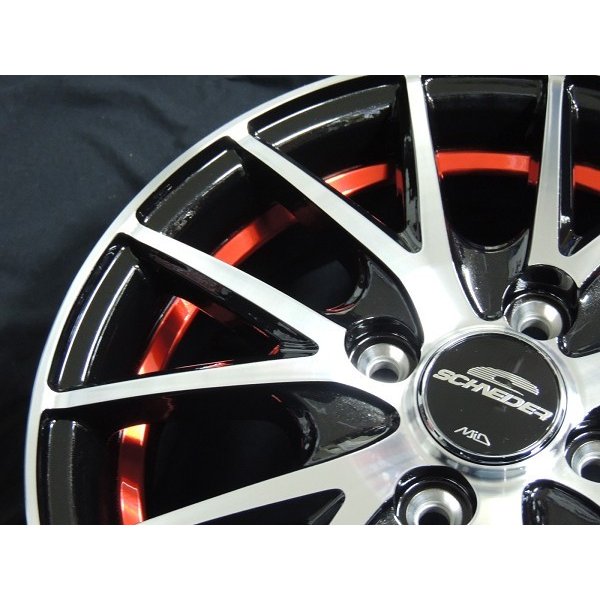 送料無料・アルミホイール4本  15inch 4.5J +45（4穴PCD100） ■軽自動車 N-BOX タント スペーシア などに！ ★JWL/JWL-T/VIA規格品 MID RX27 ブラックポリッシュレッドクリア