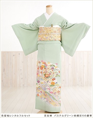 RAKUDO　2点まとめ　色留袖 it-069 訪問着 h-012 色留袖：E196 黄緑 華紋唐草(絹)| 色留袖レンタル │ 京都着物