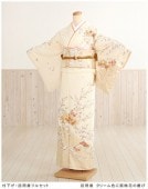 訪問着レンタル　クリーム色に扇梅花の慶び  hw1158【フルセット】《レンタル訪問着》《着物れんたる》〔お宮参り〕〔貸衣装〕〔お茶〕〔入学式〕〔卒業式〕〔卒園式〕〔正絹〕〔結婚式〕〔七五三〕〔ママ〕