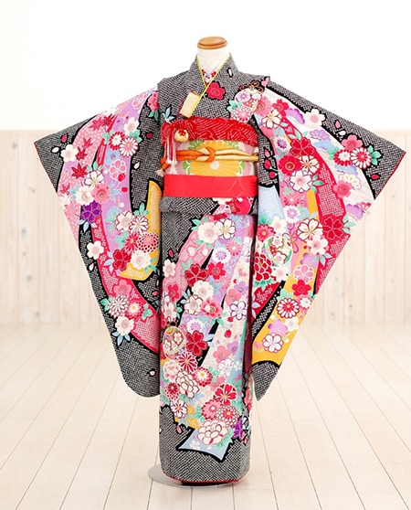 七五三お祝い黒絞り柄セット 七五三 女の子 7歳 四つ身 着物 帯 フルセット 絞り柄 黒 赤 BY9-1