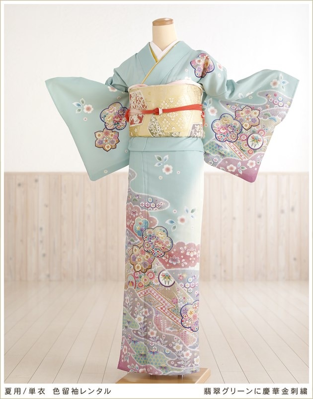 色留袖＋袋帯付き】正絹色留袖三つ紋金閣寺袋帯比翼付き裄69