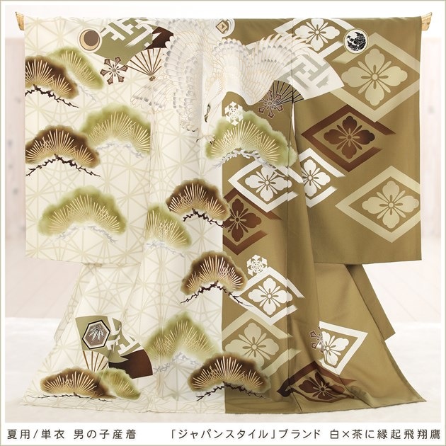 お宮参りに夏用単衣男の子産着レンタル、涼しい薄手タイプの赤ちゃん着物