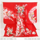 夏用 単衣 お宮参り 産着レンタル 女の子 mjh7003 赤ちゃん着物  涼しい 薄手 お食い初め ベビー よだれかけ帽子セット 祝着 高級産着 かわいい「やさしい赤地に彩りの祝い花車」|夏用（単衣