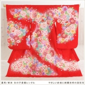 夏用 単衣 お宮参り 産着レンタル 女の子 mjh7007 赤ちゃん着物  涼しい 薄手 お食い初め ベビー よだれかけ帽子セット 祝着 高級産着 かわいい「やさしい赤地に絢爛吉祥の流彩花」|夏用（単