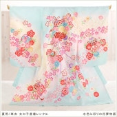 夏用 単衣 お宮参り 産着レンタル 女の子 mjh7008 赤ちゃん着物  涼しい 薄手 お食い初め ベビー よだれかけ帽子セット 祝着 高級産着 かわいい「水色に彩りの花夢物語」|夏用（単衣/絽）タ